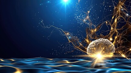 Poster - Blue abstract background with human brain and flashes of light and electrical sparks