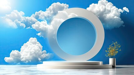 Poster - Blue abstract background with white clouds flying outward from a blank circle