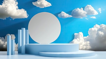 Poster - Blue abstract background with white clouds flying outward from a blank circle