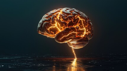 Poster - Brain illustration glowing with electricity and lightning on plain color background