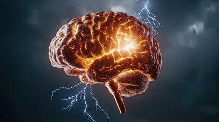 Poster - Brain illustration with glowing electric activity and flashes of blue lightning