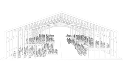 Poster - A large building with a lot of plants inside. The building is very open and has a lot of space