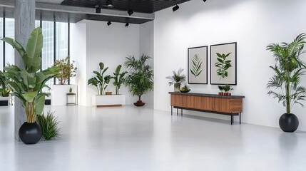 Poster - Clean white gallery wall mockup in modern hall, ready for art display