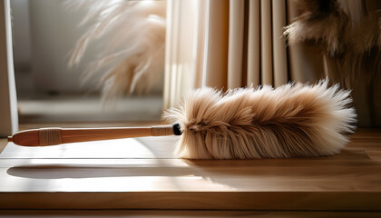 Poster - A fluffy duster rests on a wooden surface near curtains, illuminated by soft light, suggesting a clean and cozy environment