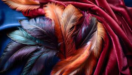 Aufkleber - Vibrant feathers are artistically displayed against luxurious fabric, showcasing intricate details and rich colors