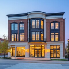 Aufkleber - Architectural Splendor: A three-story brick building bathed in evening light showcases exquisite design and captivating windows.