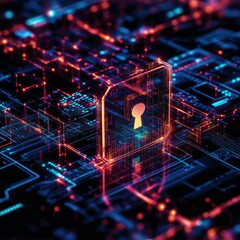 Fototapete - Cybersecurity Lock: Data Protection on Futuristic Circuit Board with Glowing Red and Blue Lights