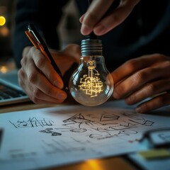 Fototapete - Illuminating Ideas: Brainstorming and Conceptualizing with a Lightbulb for Creative Solutions and Innovation at the Workplace