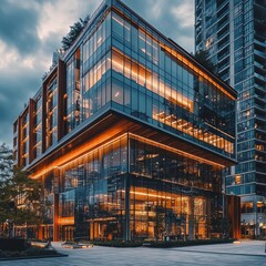 Aufkleber - modern architecture: evening illumination of glass buildings and urban plaza under cloudy sky