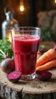 © Beniamin - Fresh beetroot and carrot juice in a glass with vegetables on rustic wooden table