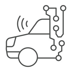 Poster - Car with wireless sensor circuit thin line icon, neural network concept. Vector graphics. Automobile with data connections sign on white background, outline style icon for mobile or web design.