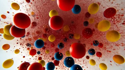 Poster - vibrant spheres: a dynamic overhead view of colorful spheres exploding, showcasing a playful dance o