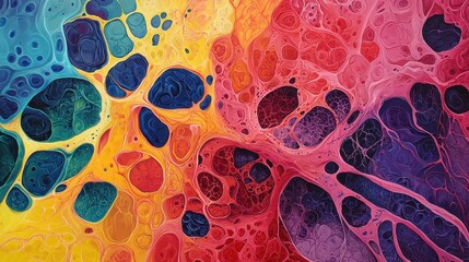 Poster - A vibrant abstract artwork featuring swirling patterns of blue, yellow, red, and purple, creating a dynamic interplay of colors and shapes.
