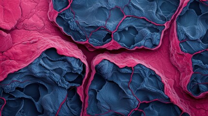 Poster - A vibrant, microscopic view showcasing textured cell structures in shades of pink and blue, highlighting intricate biological details.
