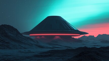 Poster - A futuristic, glowing spaceship hovers above an alien landscape, with dramatic colors illuminating the sky and creating an otherworldly atmosphere.