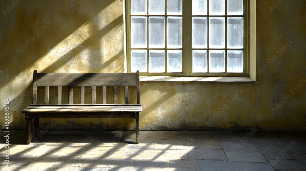 Weathered Wooden Bench in Sunlit Room with Stone Floor