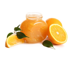 Wall Mural - jar of sweet orange jam and fruits on white background