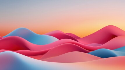Poster - A vibrant landscape of gently rolling waves in pink and blue hues, blending seamlessly into a soft gradient sky at sunset.