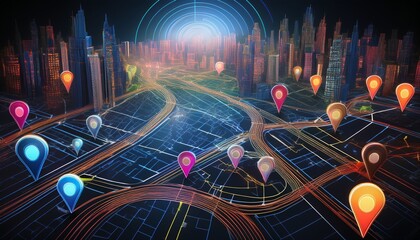 futuristic navigation concept with many colorful pin points on perspective city map background; finding the location of destination