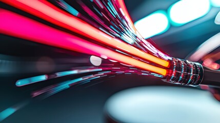 Poster - Abstract motion blur of swirling vibrant streaks in red pink and teal light from a metallic core