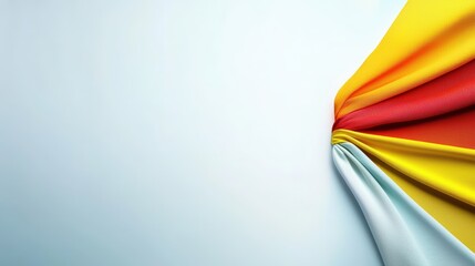 Poster - Vibrant Flowing Fabric Abstract Shape in Yellow Orange Red and Light Blue Against a Neutral Background