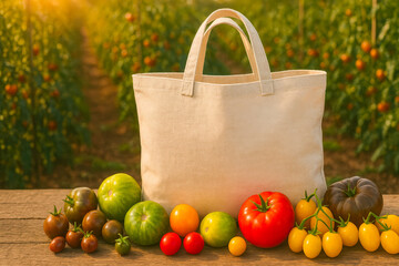 Poster - Freshly harvested vegetables arranged beside a reusable tote bag in a vibrant field during sunset