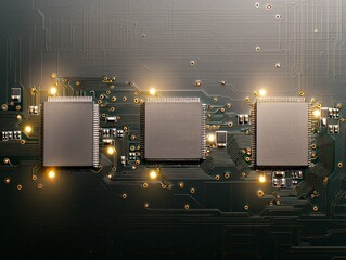 Poster - Close-up View of an Intricate Circuit Board with Three Glowing Integrated Circuits in Dark Background