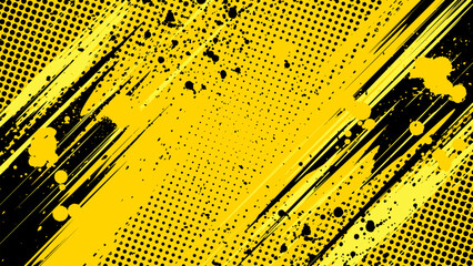 Poster - yellow grunge background with halftone dots with black brush strokes painted diagonally.