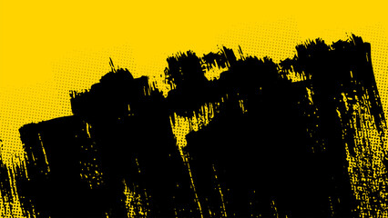 Poster - grunge yellow background with black brush strokes painted diagonally with halftone dots.