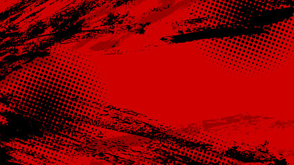 Poster - red grunge background smudged with black stains and halftone dots.