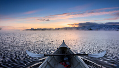 Aufkleber - Tranquil sunrise view from a kayak on calm waters, surrounded by misty landscape, creating a serene and peaceful atmosphere