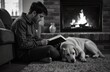 © yuntunen - Man reading a book with a dog by the fireplace