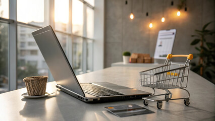 Poster - sleek laptop on modern desk with miniature shopping cart, coffee cup, and credit card, creating productive and stylish workspace atmosphere