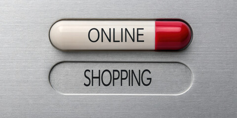 Poster - Online shopping button with modern design, featuring sleek metallic background. word ONLINE is prominently displayed bold black letters white capsule, while SHOPPING is elegantly presented below