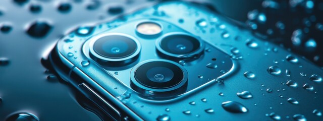 Poster - Close-up of smartphone with water droplets on surface showcasing design and texture in a cool-toned, wet environment