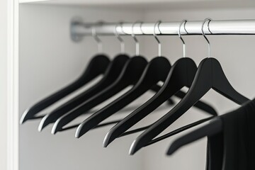 Black Wooden Clothes Hangers Hanging in White Wardrobe Interior Space