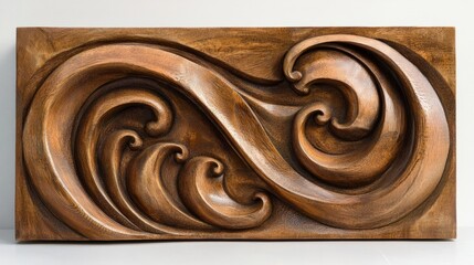 Poster - Abstract wooden sculpture with undulating wave patterns, ornate carvings, and a rich, warm texture.