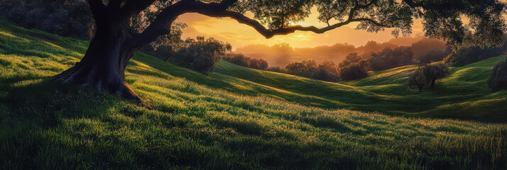 Wall Mural - A large tree is in the foreground of a grassy field