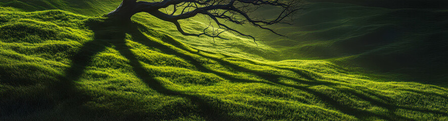 Wall Mural - A tree is in the foreground of a lush green field