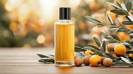 Poster - A single elegant bottle of perfume with a decorative cap displayed on a soft fabric background