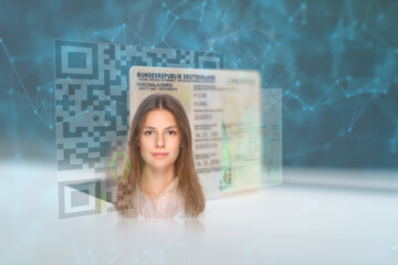 biometric technology digital face scanning form of a new, modern german id card, triangles and parti