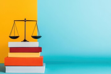 Poster - Balance scale surrounded by an array of colorful books representing knowledge and education in a learning environment