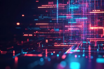Leinwandbilder - Futuristic digital circuit design set against a bold blue and pink background for high-tech art and graphic projects