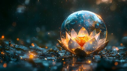 Wall Mural - celestial planet earth resting on a glowing lotus flower floating in space