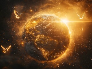 Poster - Glowing Planet Earth Surrounded by Radiant Doves