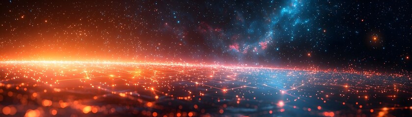 Poster - glowing cybernetic grids orbiting planet earth