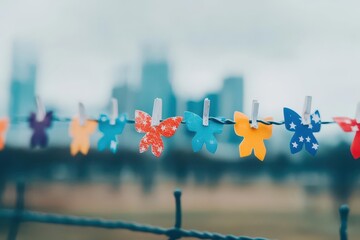 Poster - Vibrant string of colorful paper butterflies displaying creativity and craftsmanship in a whimsical decor setting