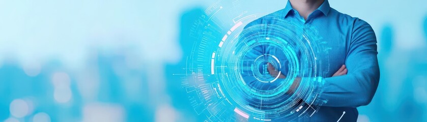 Aufkleber - Confident man with arms crossed in front of a futuristic digital circle background representing technology and innovation