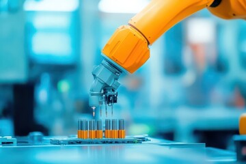 Fototapete - Robotic arm skillfully manipulating a test tube in a laboratory setting showcasing advanced automation technology