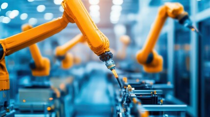 Poster - Industrial robotic arm performing tasks in a factory setting enhancing production and streamlining manufacturing processes